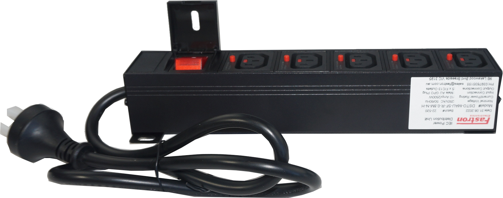 DSTO-MAU-5F-R-0.8M-N-H, Power Distribution Unit (PDU) with IEC Inlet Male AU Plug via 10.5M Cable, to 5 x F/C13 Outlet, 240VAC @ 10 Amp with Rocker Switch, Rack Mounted, with Overload Protection, MOQ = 10pcs (if not in stock), Metal Construction DSTO-MAU-5F-R-0.8M-N-H, Power Distribution Unit (PDU) with IEC Inlet Male AU Plug via 10.5M Cable, to 5 x F/C13 Outlet, 240VAC @ 10 Amp with Rocker Switch, Rack Mounted, with Overload Protection, MOQ = 10pcs (if not in stock), Metal Construction